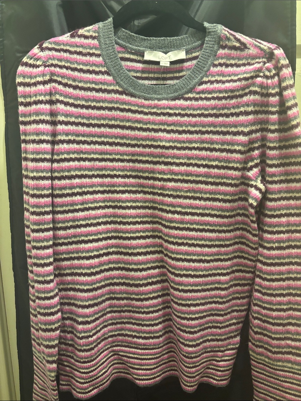 LOFT Striped Crewneck Sweater in Pink, Gray and White